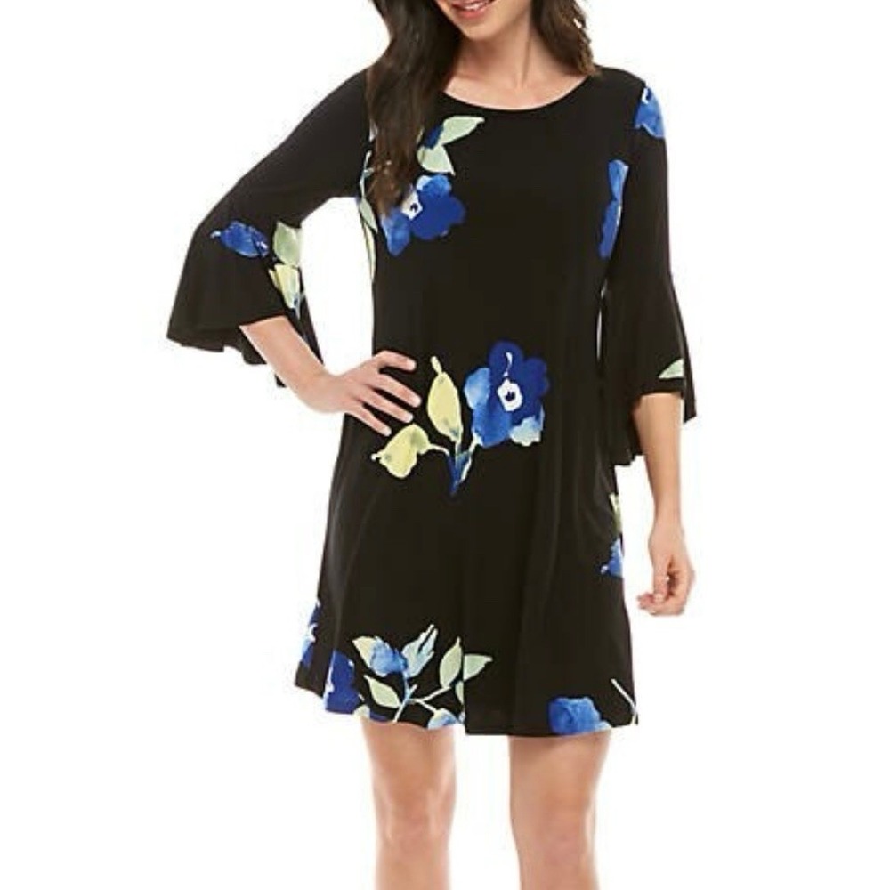 Ralph Lauren Blue Floral Bell‎ Sleeve Stretch Jersey Shift Dress Size 14